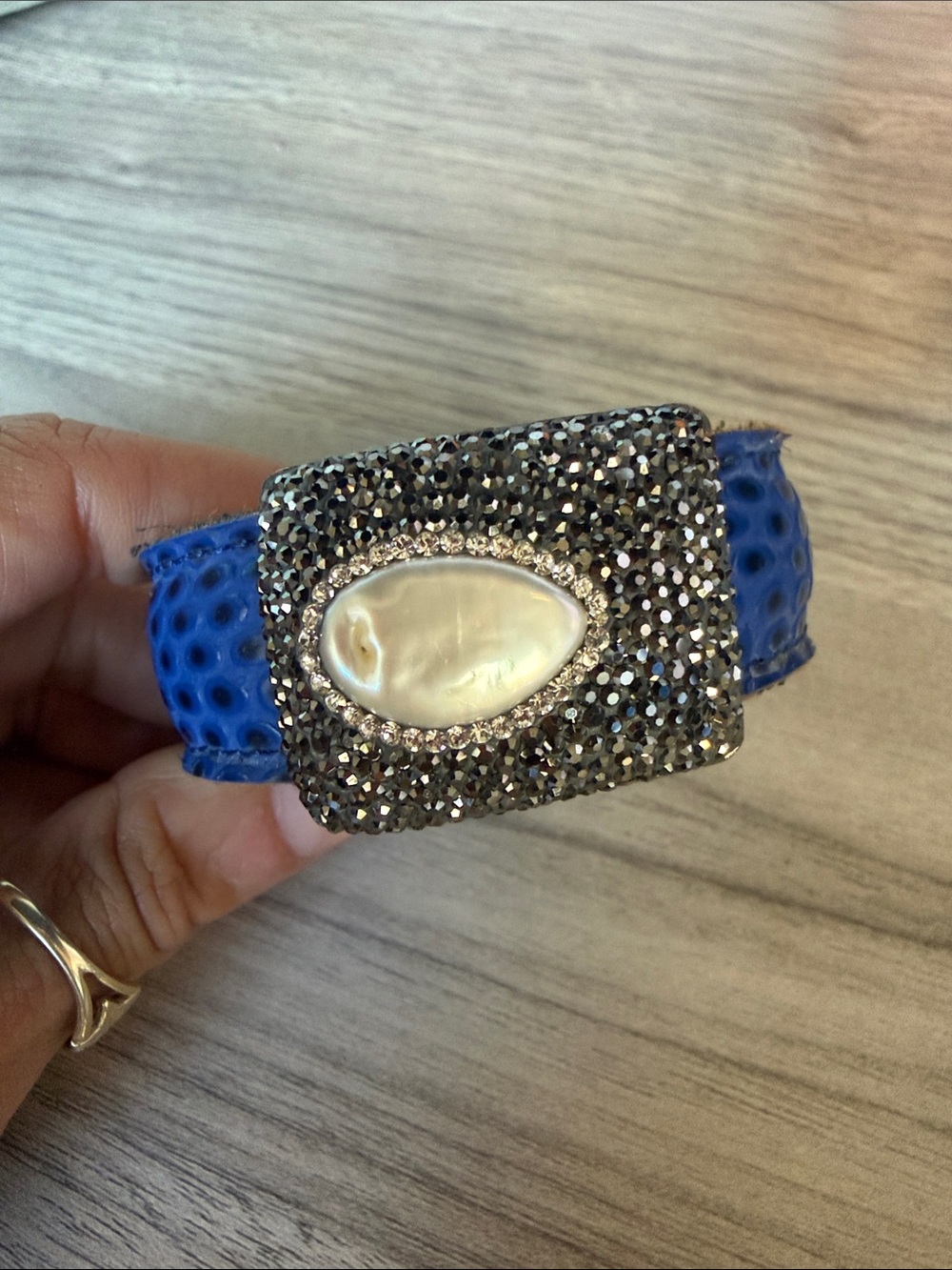 Blue Leather Crystal & Mother-of-Pearl Statement Bracelet